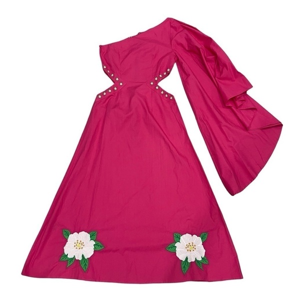 Fanm Mon Amarya One-Shoulder Bell Sleeve Side Cut Out Floral Embroidered Dress - Picture 10 of 16